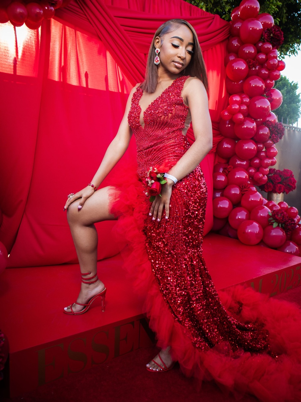 Red Sequined Tulle Trim Evening Gown